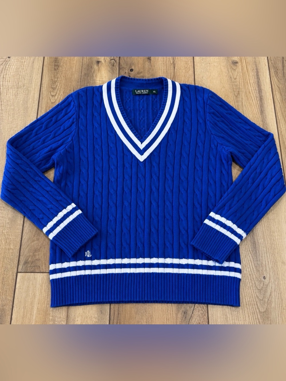 Ralph Lauren Royal Blue Cable-Knit V-Neck Sweater with White Trim